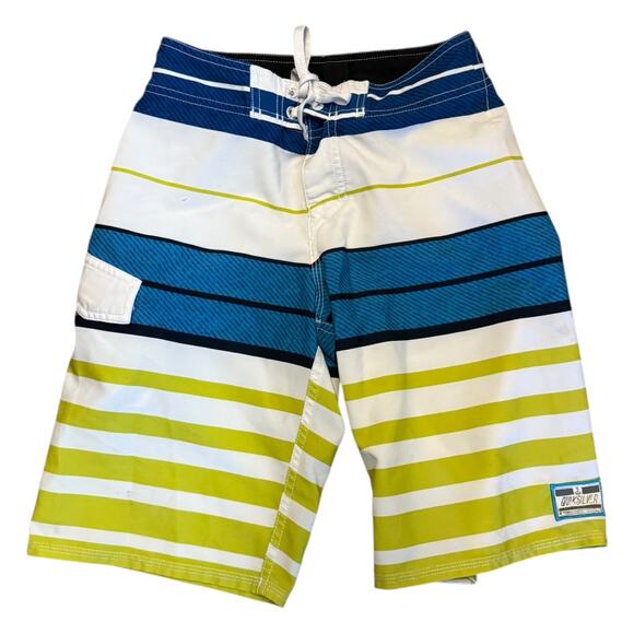 Quiksilver Boys White Blue Striped Surf Swimming Boardshorts Size 25"/10 - Picture 1 of 4